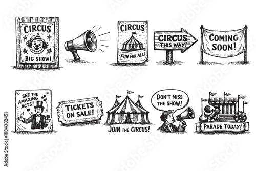 Hand-drawn circus illustrations promoting events, including posters, tickets, tents, parades, and show announcements, ideal for event branding and marketing material.