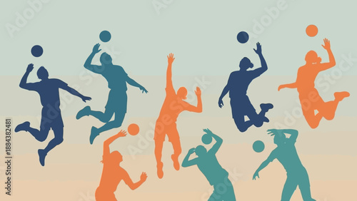 Group of people playing volleyball on the beach with gradient background.