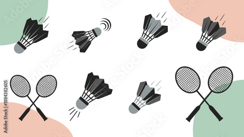 Collection of Badminton Rackets and Shuttlecocks in Motion.