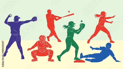 Colorful silhouettes of baseball players in dynamic poses.