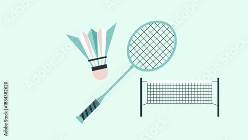 Badminton Equipment Racket Shuttlecock and Net Illustration.