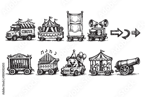 A hand-drawn sketch illustration showcases a parade of circus vehicles on a white background with a rough, vintage aesthetic.