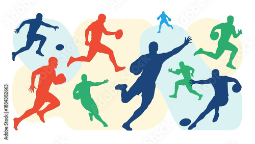 Silhouettes of soccer players in dynamic poses.