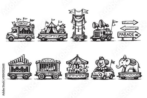 Hand-drawn black and white circus parade illustrations, showcasing various themes such as clowns, circus tent, elephant, carousel and more, suitable for posters or vector art.