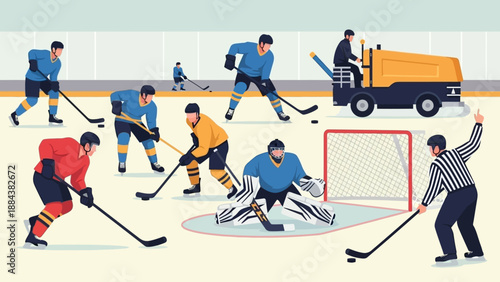Ice Hockey Game with Players, Goalie, Referee, and Ice Resurfacer.