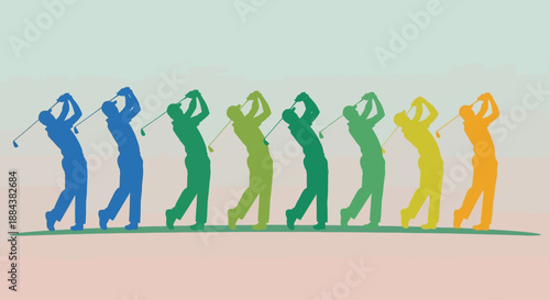 Golfers in a row, colorful silhouettes playing golf swing.
