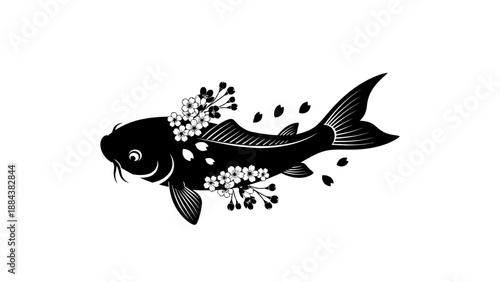 Black Koi Fish Swimming Left Side.