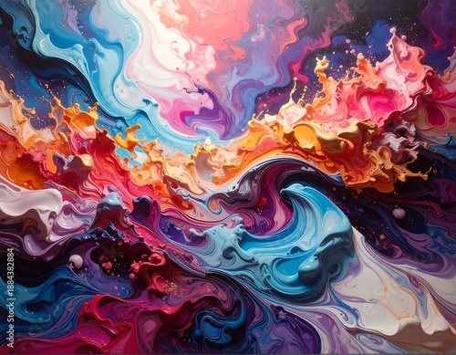 A vibrant abstract depicts swirling, textured waves of color blending pink, blue, orange, and purple hues with a fluid, dynamic composition