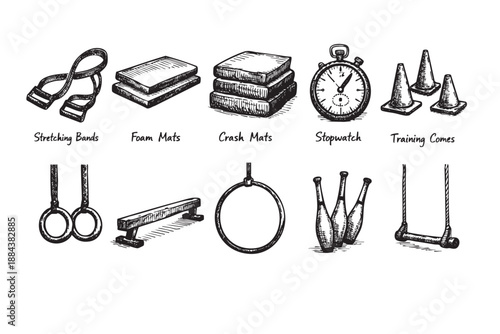 Set of fitness and acrobatic equipment in detailed sketches on a white background. Good for fitness, health, exercise concepts.