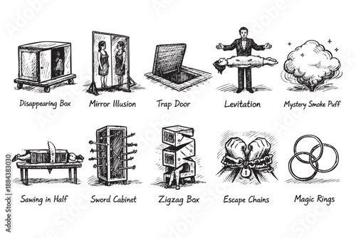 Black and white hand drawn style illustrations of classic magic tricks and illusions, perfect for illustrating magic, entertainment, and stagecraft related concepts.