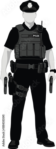 Police, officer, silhouette, wearing, tactical, vest, uniform, and, duty, belt, holding, firearms, security, guard, law, enforcement, agent, isolated, on, white, background, illustration.