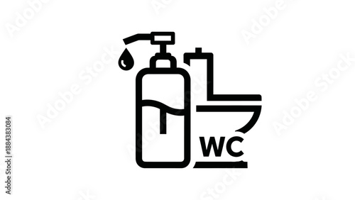 Hand sanitizer bottle and toilet.