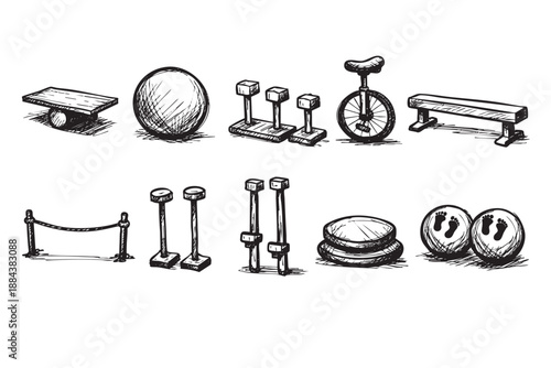 Black and white sketched circus equipment featuring a unicycle, exercise ball, balancing platform, and other performance props on white. Great for design elements.