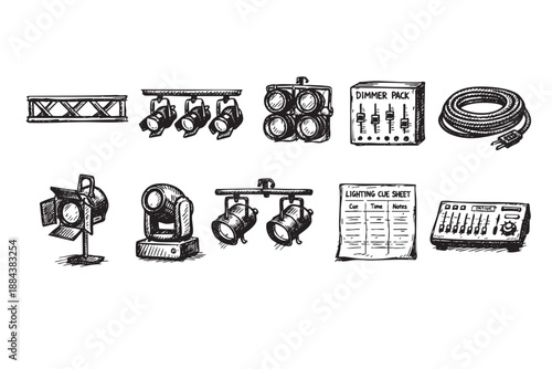 Hand-drawn lighting equipment elements including lights, dimmer packs, cue sheets, trusses, and cables, perfect for themed designs or illustrations.