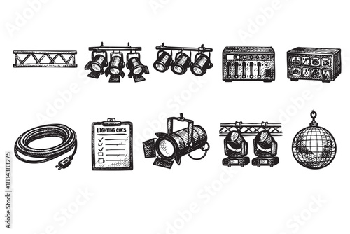 Hand-drawn sketch of stage lighting elements including truss, spotlights, control panel, cable, clipboard and disco ball on a clean white background.