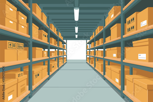 A large storage room with many shelves and boxes stacked high