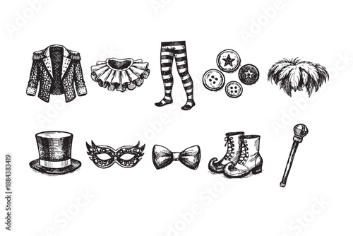 A sketch style illustration shows hand-drawn circus elements on a white background, perfect for Halloween illustrations, invitations, posters, or festive designs.