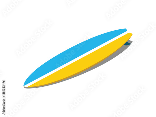 Flat minimalist surfboard icon in vibrant blue and yellow stripes with white underside and shadow.