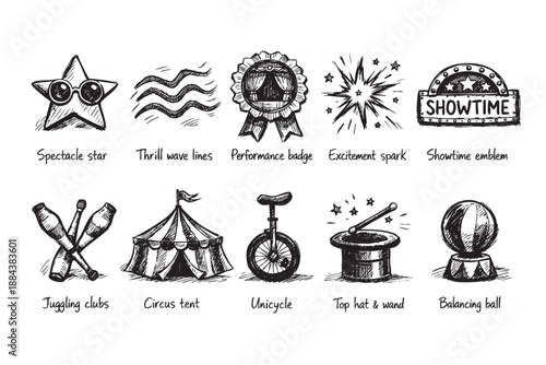 A set of nine sketched circus icons, including a tent, unicycle, and juggling clubs, drawn in black ink on a white background.