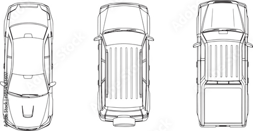 High-angle view showcases three detailed vehicles, a transport symbol of modern life. 