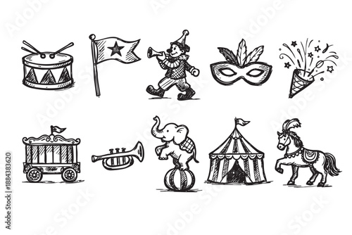 Black and white vector sketch features circus icons: drum, flag, clown, mask, confetti, wagon, trumpet, elephant, circus tent, and horse on white.