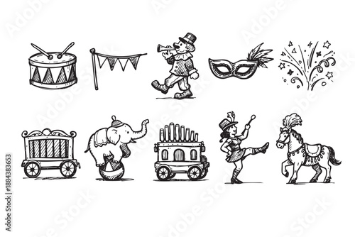 Black and white hand-drawn illustrations of circus elements including a clown, elephant, horse, and more against a clean white background, perfect for themed designs.