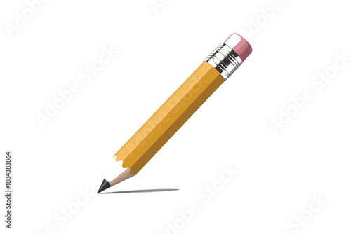 A sharp yellow pencil with a pink eraser poised to write on a clean white background.