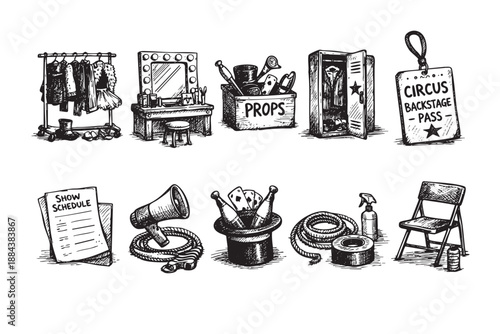 Hand drawn illustration of circus backstage equipment, including costumes, props, makeup and backstage pass. Use this drawing to convey the magic of the circus.