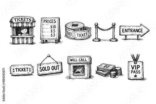 A sketch-style illustration featuring various ticketing-related icons: ticket booth, prices, ticket roll, entrance sign, and VIP pass, conveying event promotion.