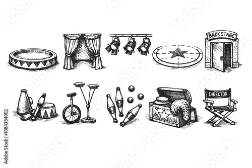 Detailed black and white sketches display various circus equipment, including a ring, backstage door, director's chair, and props. Great for themes of entertainment, theatre, and performance.
