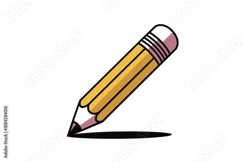 A cartoon pencil with a pink eraser and yellow body is poised to write on a white background.