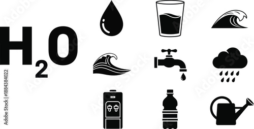 Water elements including formula drops waves and containers on transparent background silhouette