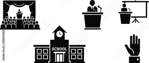 Education and public speaking icons set school building stage and hand on transparent background silhouette