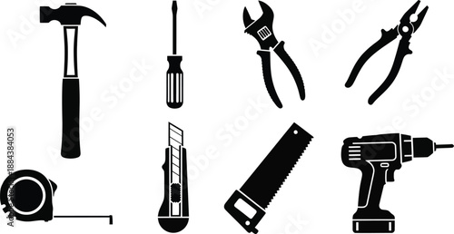 Black tool icons including hammer screwdriver pliers and drill on transparent background silhouette