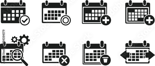 Black calendar icons set with various symbols and options on transparent background silhouette