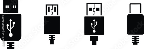 Four different usb connector types shown in black silhouette on transparent background
