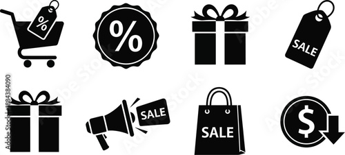 Black sale icons featuring shopping cart gift tag and megaphone on transparent background silhouette