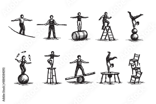 Black and white illustration featuring circus performers posing and performing acrobatic feats on different objects, showcasing their skills in balance and coordination.