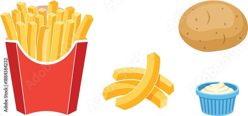 French fries potato and dipping sauce illustration on transparent background silhouette