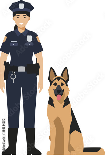 Police Officer and German Shepherd Dog Standing.