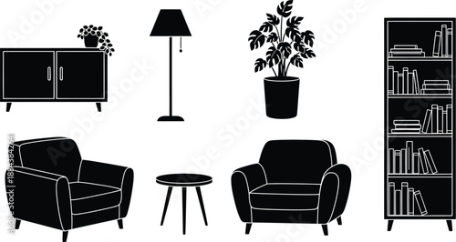 Minimalist furniture set including chairs cabinet lamp and bookshelf on transparent background silhouette