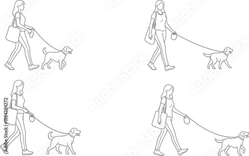 Four sketches of women walking dogs repeated pattern simple lines on transparent background silhouette