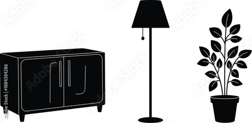 Minimalist furniture arrangement with lamp and plant perfect for design projects on transparent background silhouette