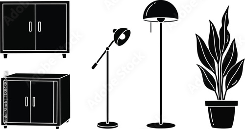 Black furniture set with lamp and plant modern design on transparent background silhouette