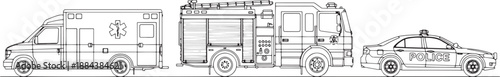 Emergency vehicles, a police car, fire engine, and ambulance, line up, each ready to serve. This detailed illustration captures the essence of community safety.