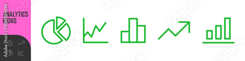 Business chart and analytics icon set. Minima line, outline chart icons including bar, line, pie and growth graphs for data visualization, growth, pie charts, and statistics. Color set icons