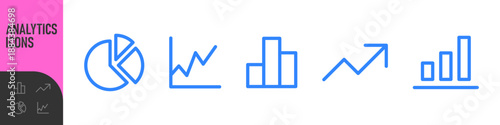 Business chart and analytics icon set. Minima line, outline chart icons including bar, line, pie and growth graphs for data visualization, growth, pie charts, and statistics. Color set icons