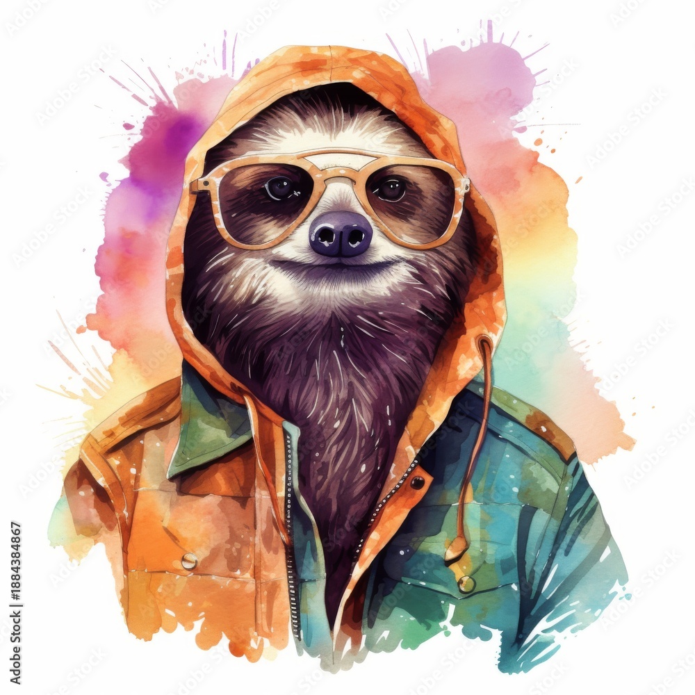 Fototapeta premium Sloth wearing a colorful hoodie and sunglasses poses playfully against a vibrant watercolor background