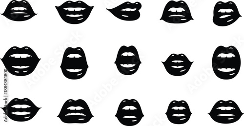 Various black lip shapes arranged in a grid on transparent background silhouette