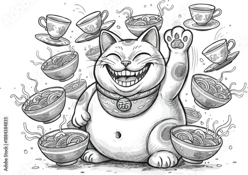 Lucky Cat Maneki Neko Waving Arm Surrounded by Food Bowls.